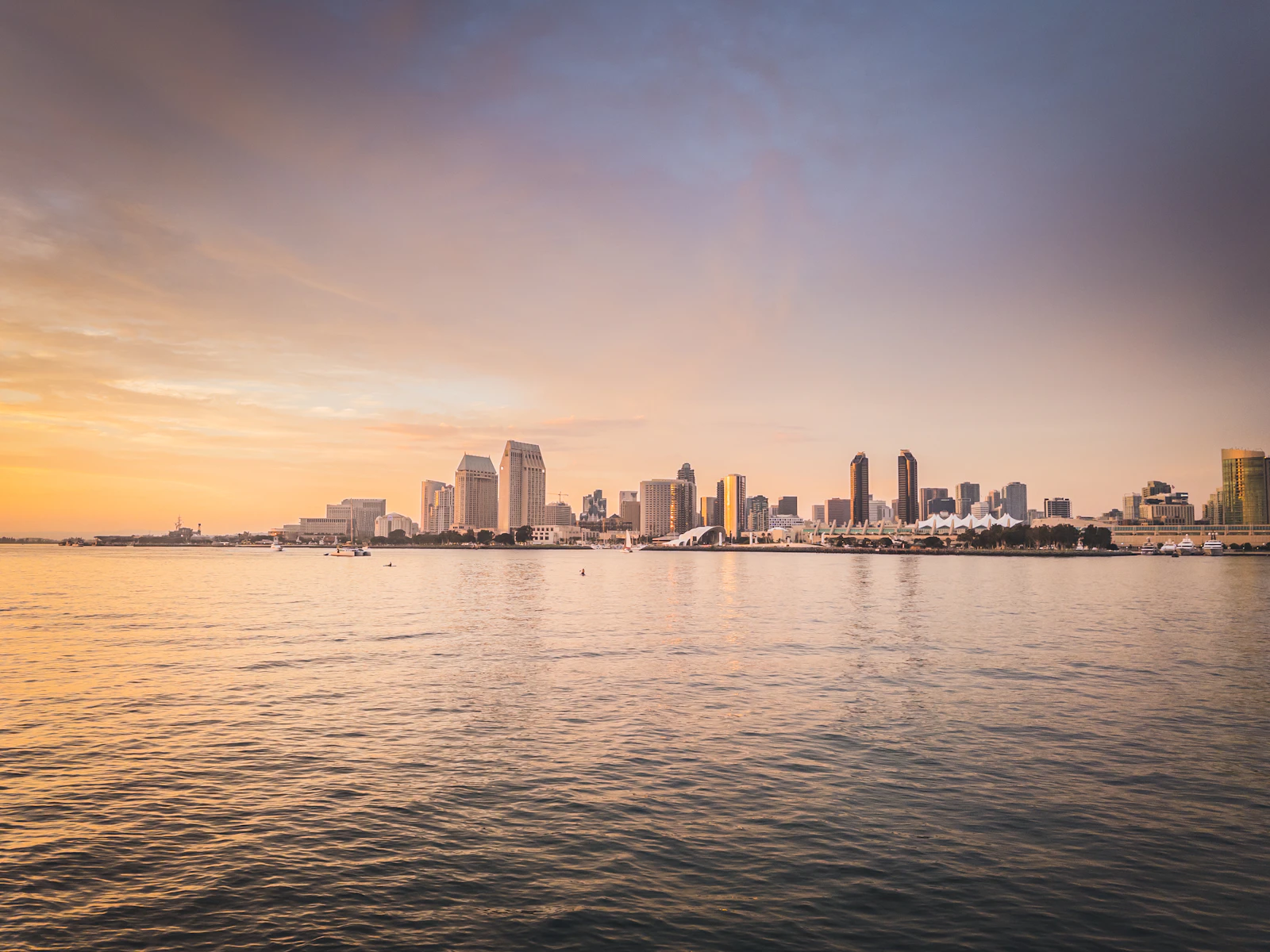 The downtown San Diego skyline across the bay at sunset, seen from the water