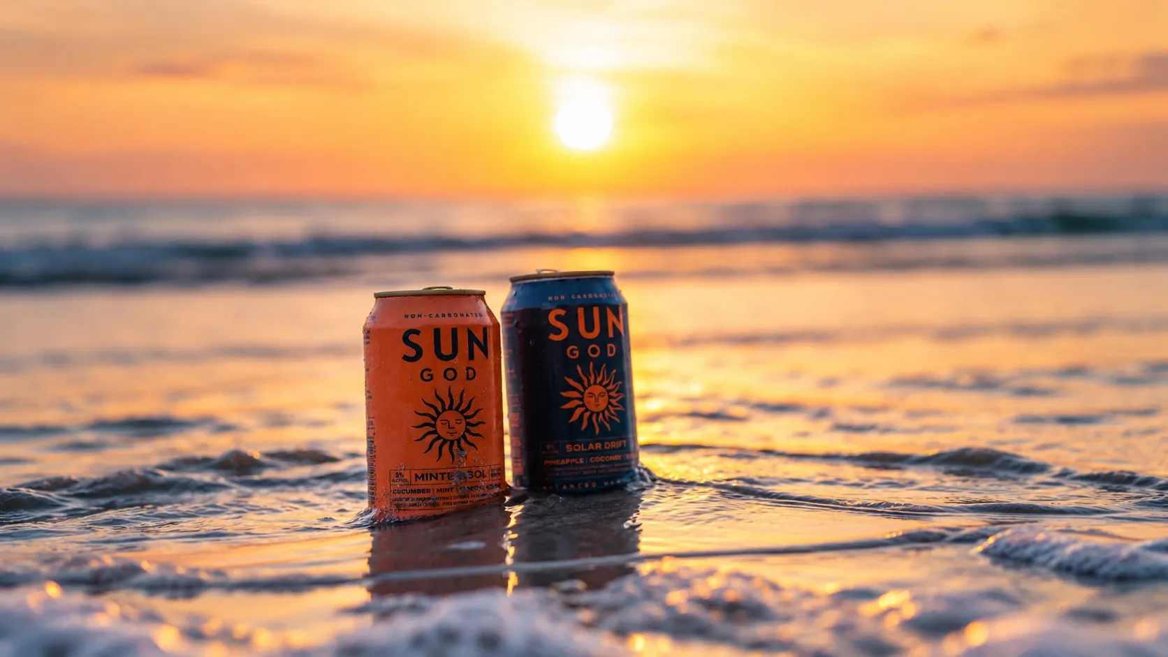 Minted Sol and Solar Drift cans standing in the surf at sunset